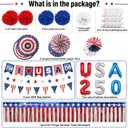 33pcs 4th of July Patriotic Decorations America 250 Decorations Set, Red White and Blue Paper Fans Decor with Banner, Pom Poms, Hanging Swirls and Balloons for Independence Day Memorial Day