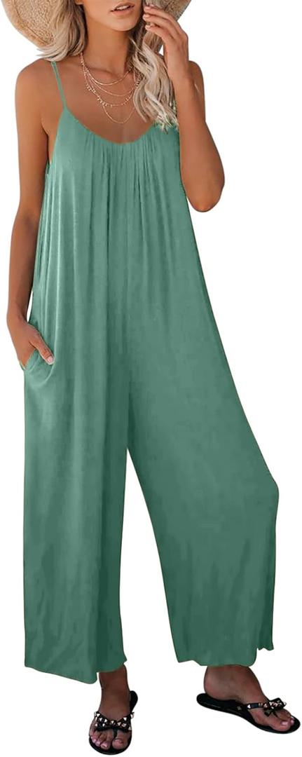 Dokotoo Women's Loose Sleeveless Jumpsuits Adjustable Spaghetti Strap Stretchy Long Pant Romper Jumpsuit with Pockets (XL)