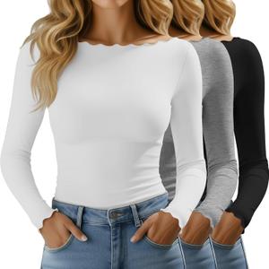 Huukeay 3 Pack Women's Long Sleeve Tops Lettuce Trim Boat Neck Shirts Slim Fit Casual Basic Fitted Tees (M)