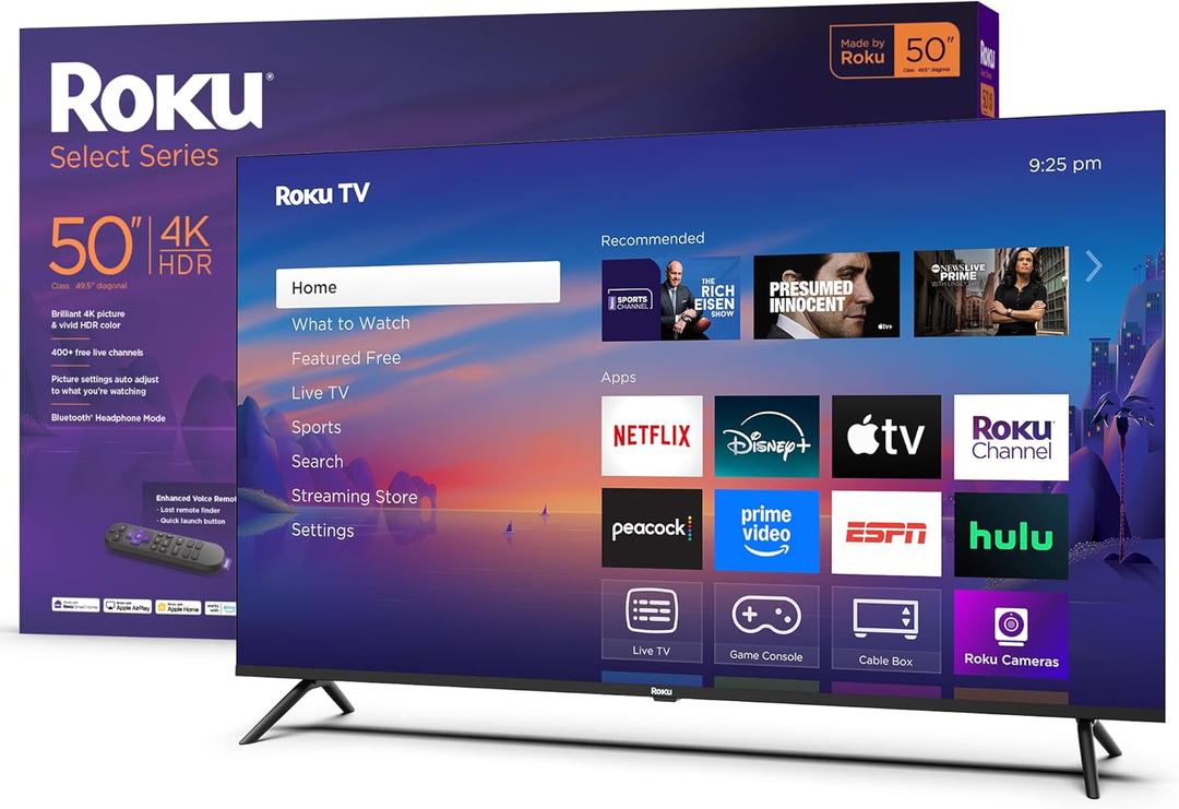 Roku Smart TV 2025  50-Inch Select Series, 4K HDR TV  RokuTV with Enhanced Voice Remote  Flat Screen LED Television with Wi-Fi for Streaming Live Local News, Sports, Family Entertainment