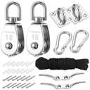 Mornajina 2 Sets M15 Cable Pulley System for Lifting Hanging, Including Heavy Duty Stainless Steel Single Pulley Block with 66FT Nylon Rope, Snap Hooks, Eye Pad Plate, Rope Cleat Hook, Loading 77lb