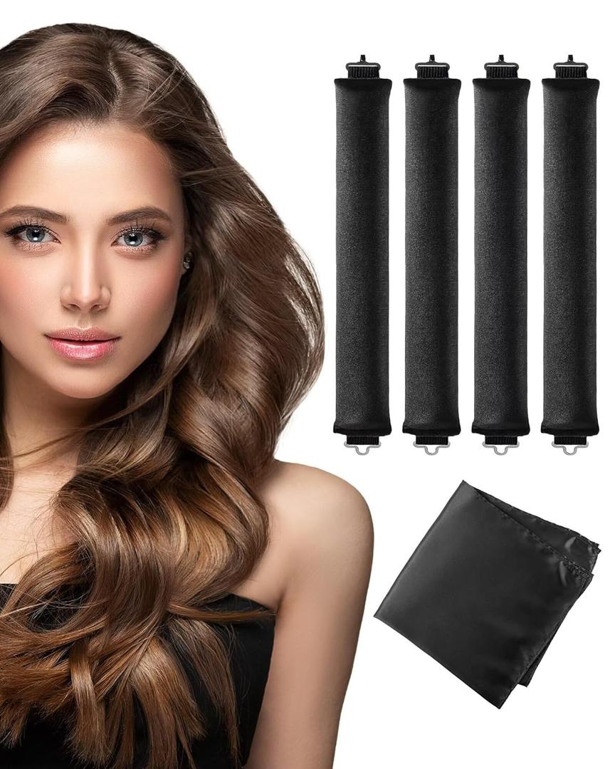 Heatless Curls Overnight with Satin Head Scarf, Velvet Hair Rollers for Blowout Look, No Heat Curling Rod for Long Thick Hair, Soft Sleep In Flexi Rods (Black)