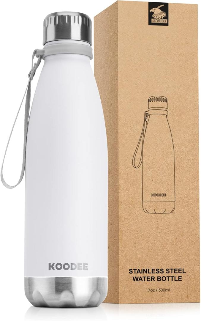 koodee Water Bottle-17 oz Stainless Steel Double Wall Vacuum Insulated Water Bottle for Back to School, Cola Shape Leak Proof Sports Bottle for School(White)