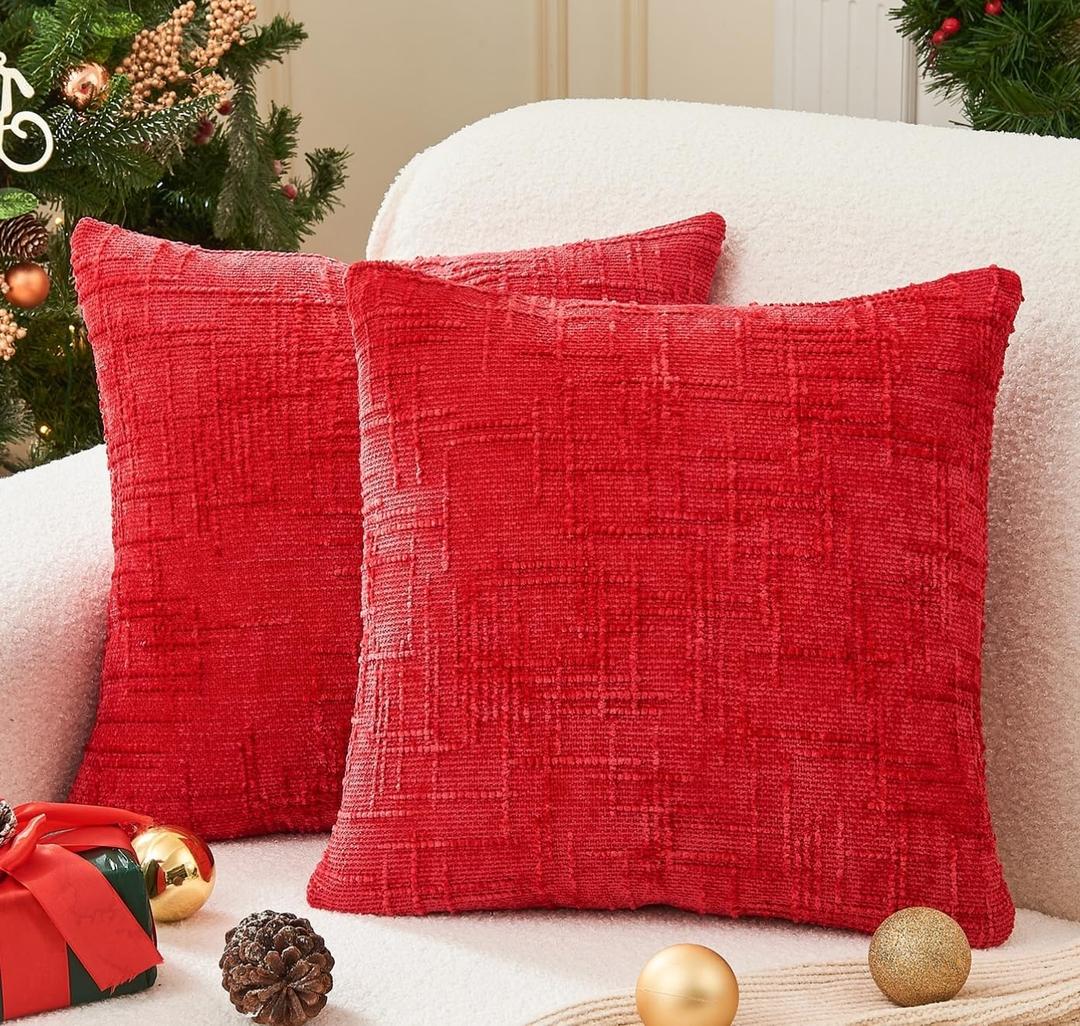 Christmas Red Pillow Covers Set of 2 20x20 Inch Throw Pillow Covers, Soft Chenille Xmas Decorative Pillowcases for Couch Sofa Bed Living Room, Home Cute Decor, Modern Cushion Covers