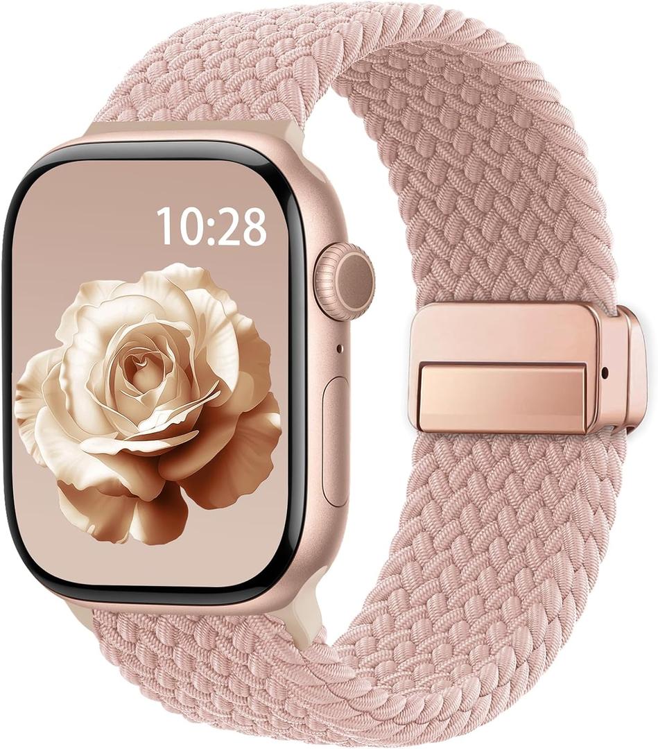 Braided Stretchy Band Compatible with Apple Watch Bands 38mm 40mm 41mm 42mm 44mm 45mm 46mm 49mm Women Men, Soft Nylon Solo Loop Magnetic Sport Strap for iWatch Series 11 10 9 8 7 6 5 4 3 2 1 SE Ultra (Pink Sand)