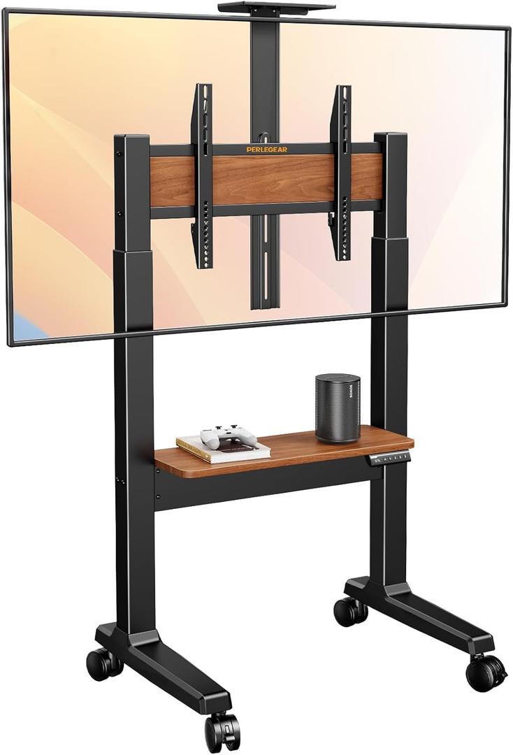 Perlegear Motorized Mobile TV Stand on Wheels for 3786 Inch TVs up to 154 lbs, Electric Height Adjustable Rolling TV Stand, VESA 200x200600x400mm, Wooden Shelf & Panel, PGTVMC26B