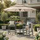 Kingdura 9ft 3-Tier Patio Umbrella, Outdoor Table Umbrella with Easy Crank & Tilt, 8 Reinforced Ribs, UV Protection for Deck, Pool, Market, Backyard (Beige)