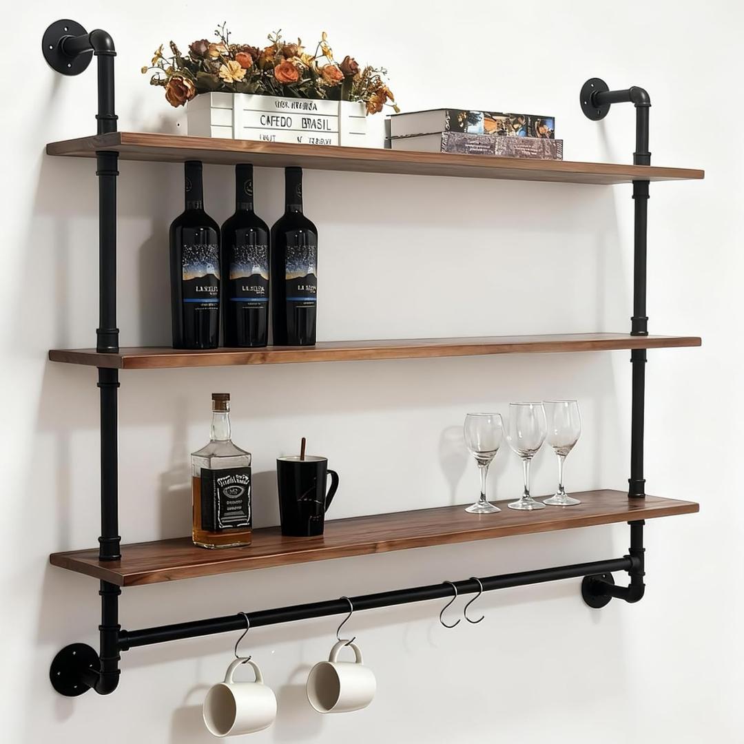 Industrial Pipe Shelving Pine Shelf,Pipe Shelves with Wood Planks,Wall Mounted Bookshelf,Floating Bar Shelves(3 Tier 48In)