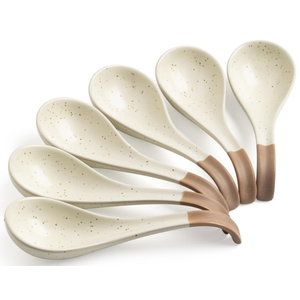 LYEOBOH 6 Pieces Asian Soup Spoons, Japanese Kitchen Soup Spoon Set, Dinner Tablespoons with Long Handle for Cereal, Ramen, Ice Cream, Dishwasher & Microwave Safe, Rustic Decor, White and Brown