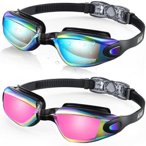 Aegend Swim Goggles, 2 Pack Swimming Goggles No Leaking Adult Men Women Youth (Aqua & Bright Rose)