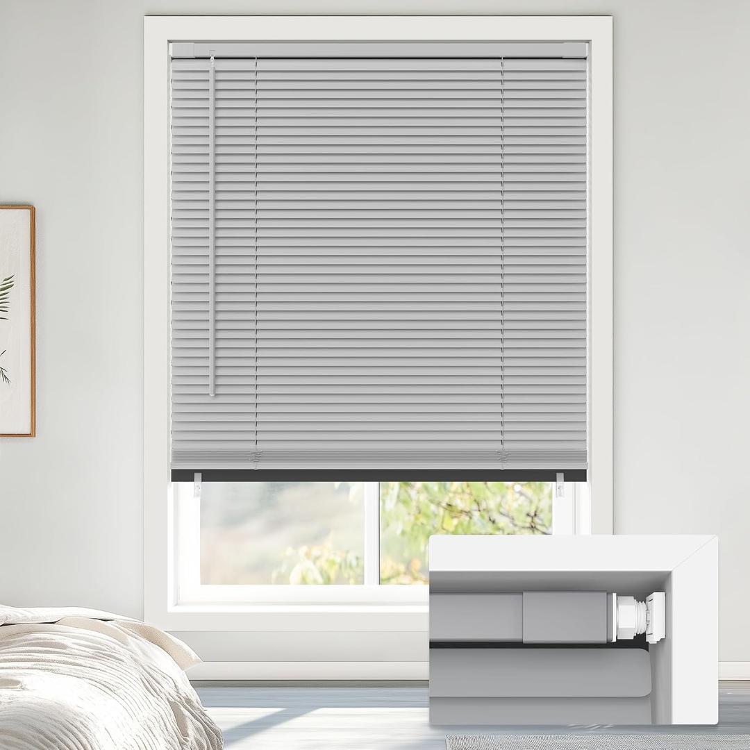 LazBlinds No Tools No Drill Cordless 1" Vinyl Mini Blinds, 100% Blackout Blinds for Indoor Windows, Room Darkening Privacy Window Blinds and Shades for Interior, 31" W x 64" H, Grey