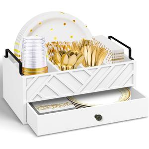 Paper Plate Holders With Drawer.Paper Plate Dispenser Organizer For Utensil Holder For Party.Wood Silverware Utensil Caddy For Kitchen Counter With Handle. Rustic Hosting Essentials For Flatware (White-carved)