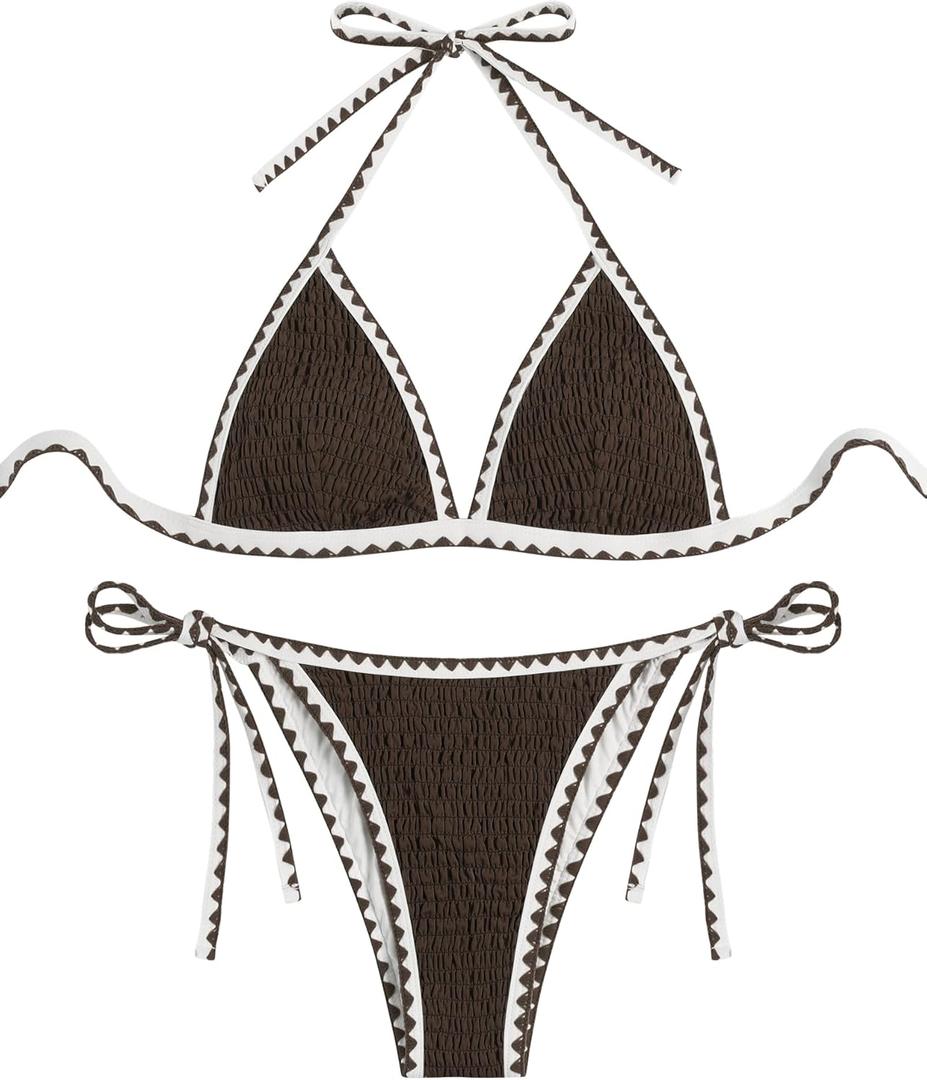 ZAFUL Women Triangle Bikini Sets Sexy Two Piece Swimsuit Halter V Neck String Bathing Suits Tie Side Swimwear 2025 (Medium, Coffee)