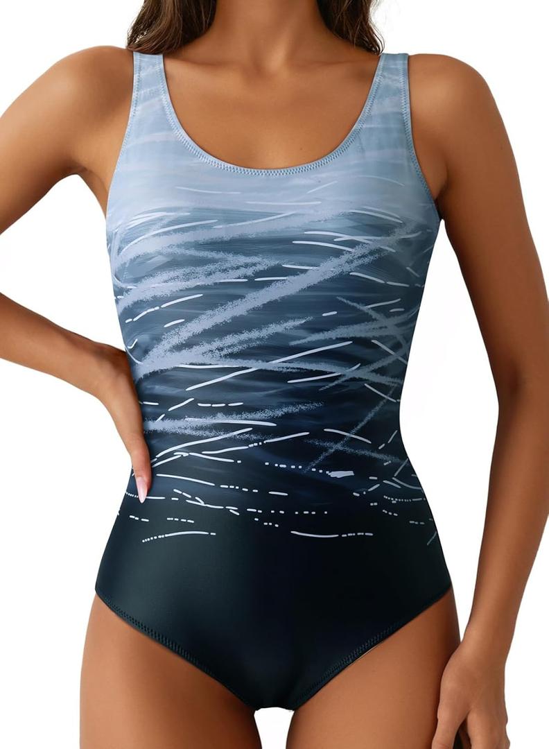 Aleumdr Womens Color Block Print One Piece Swimsuits Athletic Training Swimwear Bathing Suits (Medium, Gray 11)