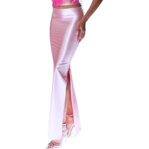 Molisry Women's Satin Silk Skirt Dressy High Waisted Side Slit Elegant A-Line Long Maxi Pencil Skirt Wedding (Pink, S)