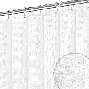 PANGSINNE White Shower Curtain for Bathroom 90 Inches Long, Waffle Textured Heavy Duty Extra Long Waterproof 256GSM Weighted Beige Shower Curtains with 12 Metal Hooks, 72Wx90H
