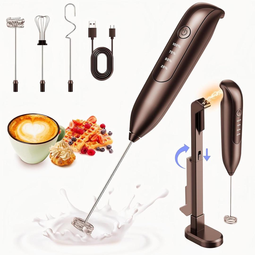 Dynooper Electric Milk Frother Handheld: coffee frother rechargeable 3 in 1 - LED Display, Wireless Charging - 3 Speeds, Stainless Steel Whisk for Latte, Cappuccino - Jet Black