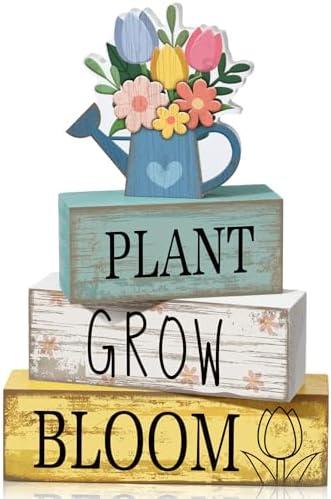 Moucuny 4 Pcs Spring Table Decorations Flower Wooden Signs Spring Tiered Tray Decor Wooden Flower Kettle Block Signs Pastel Table Centerpieces Decor for Home Kitchen Shelf