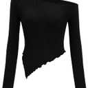 Zenlonr Womens Long Sleeve Shirts Fall Outfits 2025 Off The Shoulder Tops Asymmetrical Fitted Knit T Shirts Going Out Tops (Black, S)