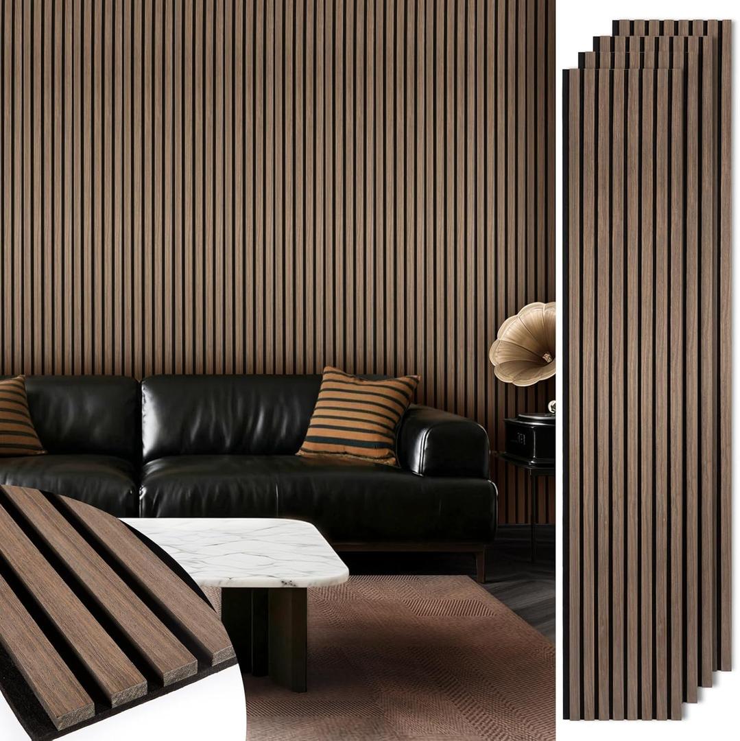 Acoustic Wood Slat Panels 4 Pack 106" x 12.6", Soundproof Wooden Wall Panels, 3D Fluted Panel for Interior Wall Decor, Living Room, Bedroom - Walnut (Cover Approx. 37 sq.ft)