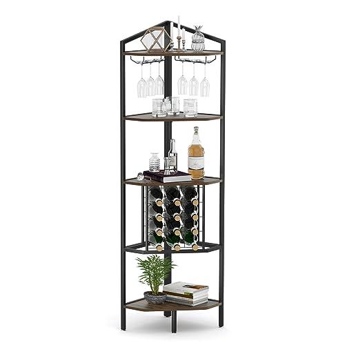 HIDODO Corner Wine Rack 5 Tier Wine Racks Freestanding Floor with Glass Holder and Bottles Wine Storage, Corner Bar Cabinet for Dining Room, Kitchen, Rustic Brown