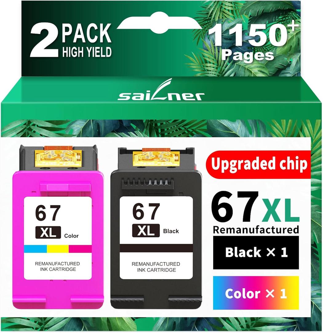 SAILNER 67XL Ink Cartridges Black/Color Combo Pack Replacement for HP Ink 67 HP67XL (2-Pack High Yield) Compatible with HP DeskJet 2755e 2855e 2700e 4155e 2734e 2827e 4100e Envy 6055 6455e Printer