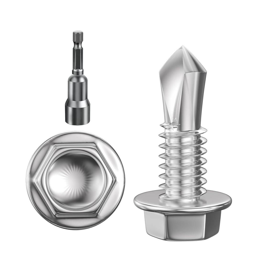(350Pcs) #85/8" Hex Washer Head Self Drilling Screws, 410 Stainless Steel Metal SheetScrewsTEK Screws, Sheet Metal Self Tapping Screws (Silver)