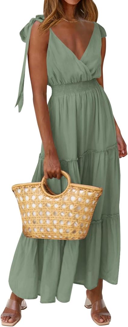 PRETTYGARDEN Women's Cross Neck Spring Sleeveless Tiered Maxi Dress Beach Tie Strap Smocked Long Dresses Pleated Sundress (Green, L)