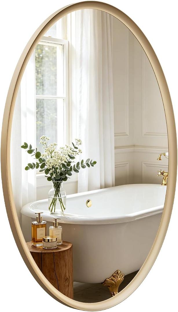 USHOWER Brushed Gold Oval Bathroom Mirror, 24x36 Inch Oval Mirror
Vanity Wall Mirror, Wide Inner-Curved Aluminum Framed, HD Tempered Glass, Moisture & Rust Resistant, for Bedroom, Entryway