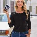 Uhiger Womens Black Button Down Shirt Henley V Neck Tops 3/4 Sleeve Tunic Tps for Women Loose Fit Dressy Blouses Business Casual Spring Summer Clothes Vacation Travel Outfit (XL)