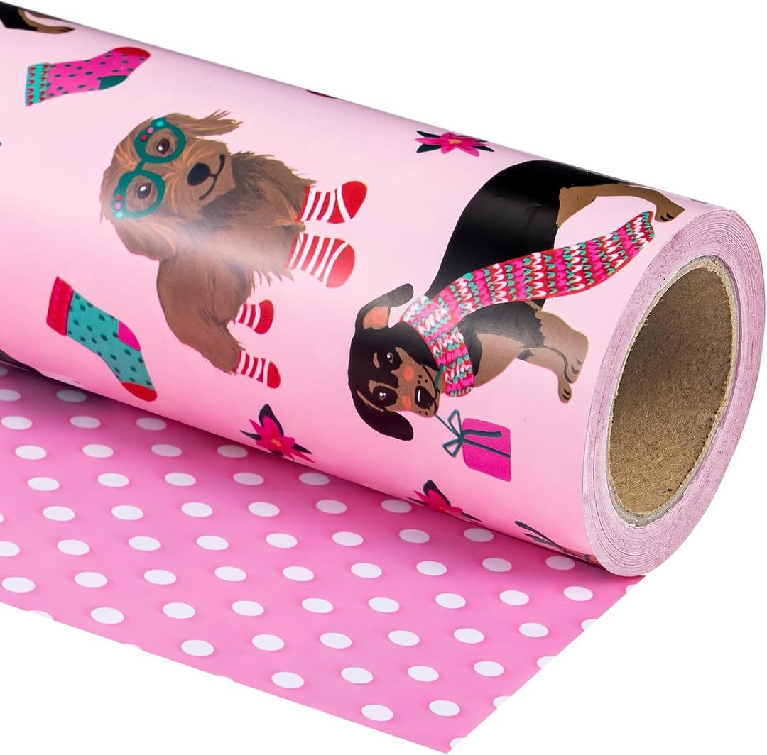 WRAPAHOLIC Reversible Dog Christmas Wrapping Paper - Mini Roll - 17 Inch x 33 Feet - Pink Christmas Dog Wrapping Paper and Polke Dot Design for Holiday, Puppy Party Celebration
