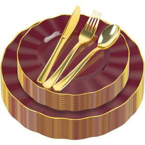 150Pcs Plastic Plates with Gold Rim,Heavy Duty Burgundy Plates for 30 Guests,Plastic Dinnerware Set Include 30 Dinner Plate,30 Dessert Plate,90 Gold Cutlery Set for Party (Burgundy)