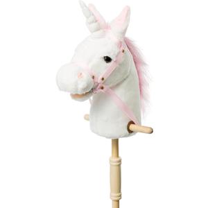 HollyHOME Plush Unicorn Stick Horse with Wood Wheels Real Pony Neighing and Galloping Sounds Plush Toy White 37 Inches(AA Batteries Required)