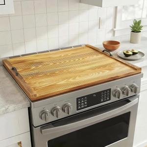 Noodle Board Stove Cover with Handles, Wood Stove Top Covers for Electric Stove & Gas Burners, 30" x 22" Stovetop Cover, Rustic Kitchen Decor, for Countertop/Sink Cover/RV (Bamboo Wood) (Brown)