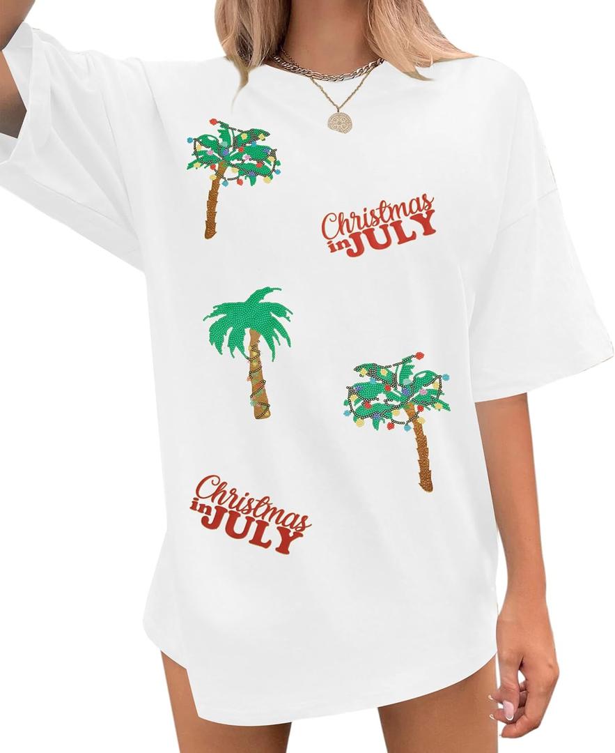 Christmas in July Shirt Women Oversized Christmas Hawaiian Shirts Xmas Palm Tree Tshirt Hawaii Summer Beach Vacation Tops (XL, White)