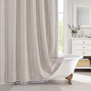MitoVilla Boho Farmhouse Fabric Shower Curtain, Tan Brown Modern Cotton Linen Shower Curtains for Vintage Country Bathroom Decor, Tassel Weighted & Thick Waterproof Cloth, Taupe, 72 x 72 (72"W x 72"L (Pack of 1), Taupe)