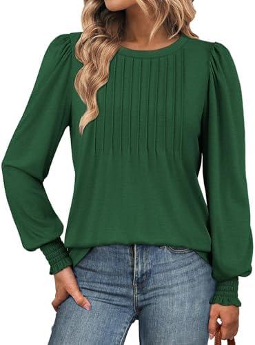 ATHMILE Womens Long Sleeve Shirts Crew Neck Tops Pleated Business Casual Blouses with Smocked Cuffs Trendy T-Shirts M ATHMILE Womens Long Sleeve Shirts Crew Neck Tops Pleated Business Casual Blouses with Smocked Cuffs Trendy T-Shirts M
