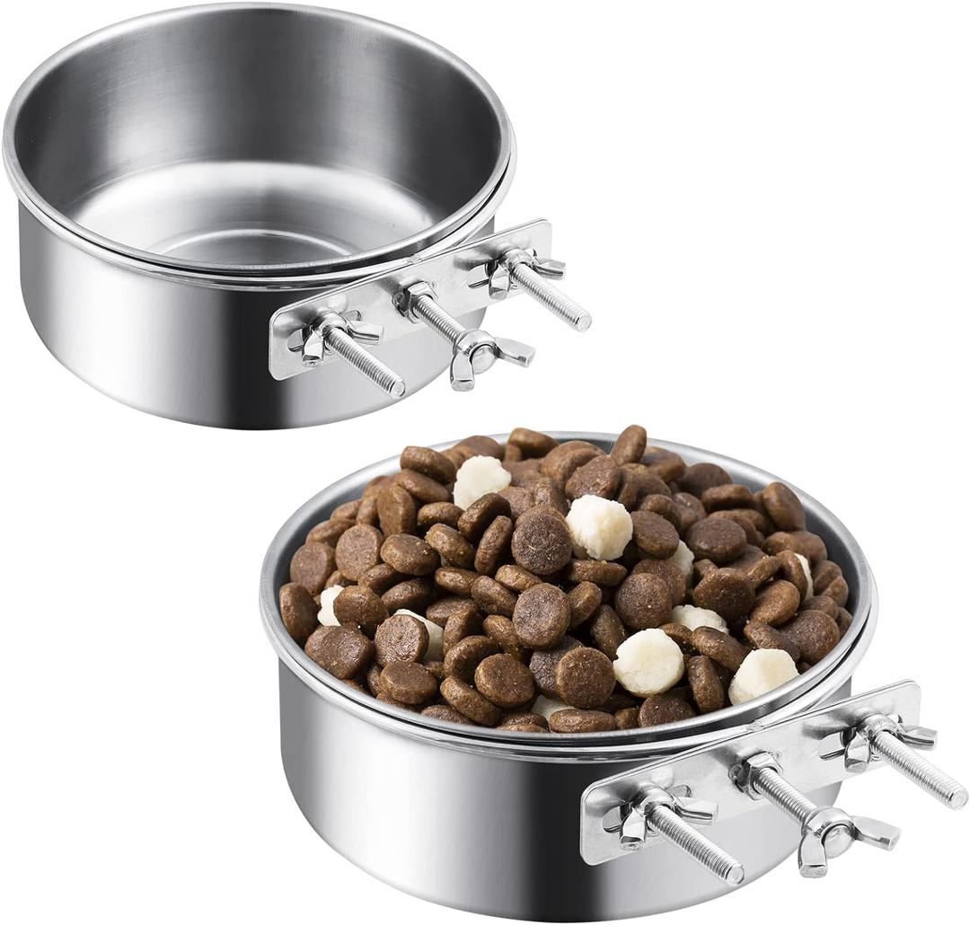 Dog Crate Water Bowl, 2 Pack No Spill Hanging Cage Food Bowls for Kennel Puppy Cat Bird Bunny Stainless Steel Metal Mountable Small&Medium Feeding Dish Wall Mounted Attachable Crates Pet Feeder (5.3"x2" & 4.5"x2"(23oz+15oz))