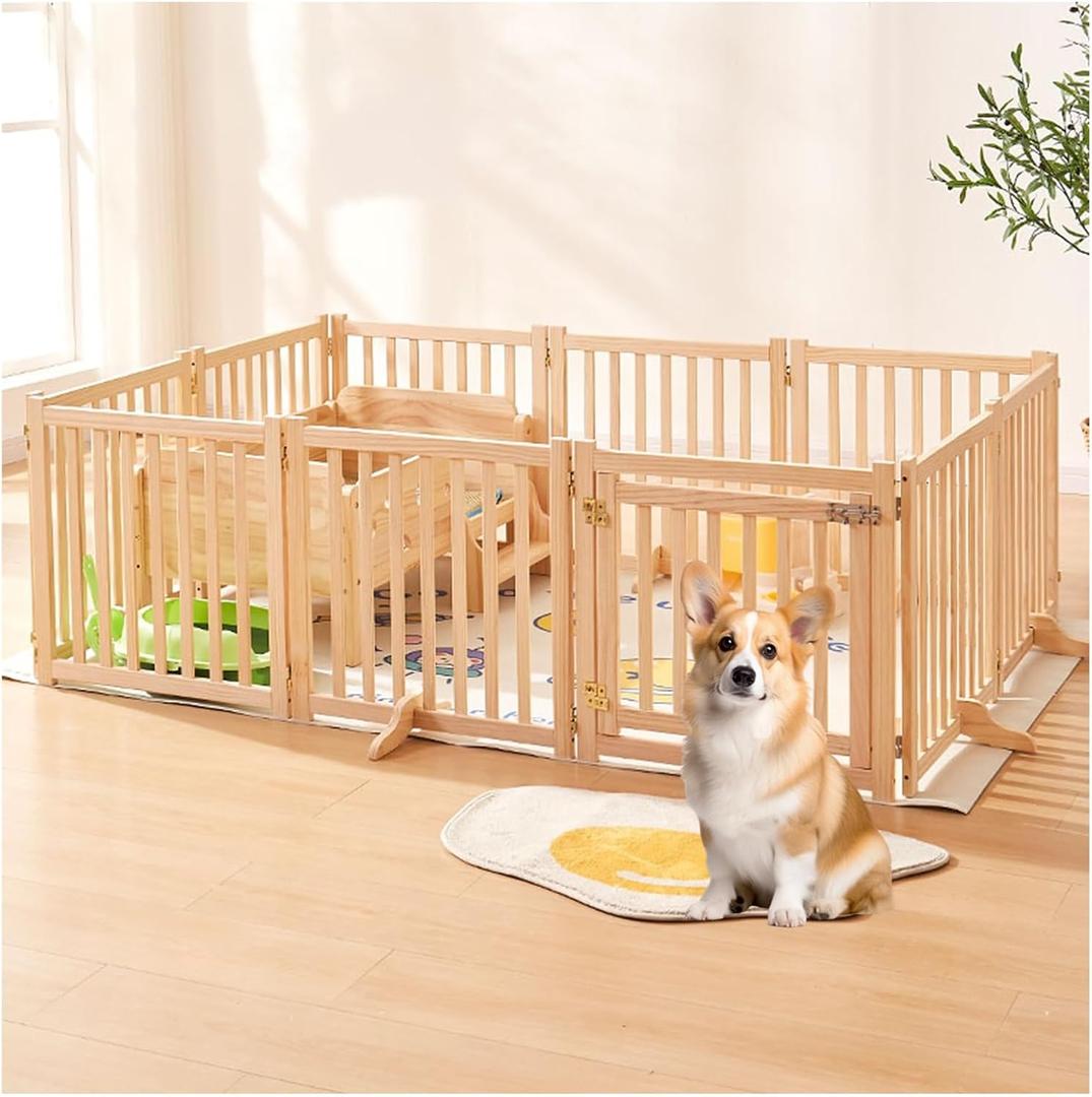 Dog Pen,Puppy PlayPen with Gate,Hamster Cages,Pet Playpen 17 Inch Tall,for Dogs, Cats, Bunnies, Pigs,Duable Wood Frame,100% Solid Wood,Gap 4.5CM,Rotate 360° at Will(H58CM/23IN,5pcs)