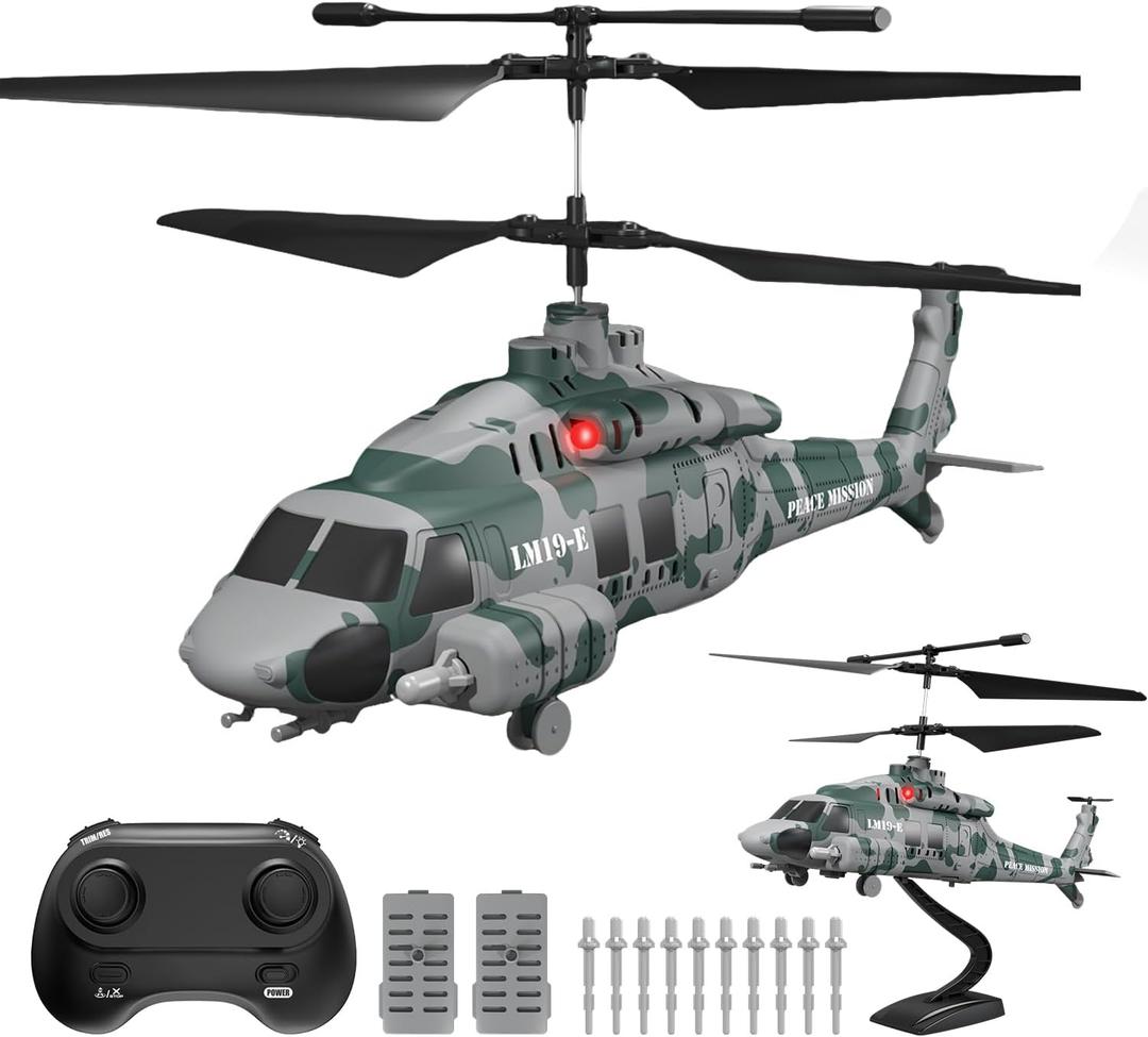RC Helicopter, LM19-E 2.4GHz Remote Control Helicopter with 10 Launchable Missiles, LED Light, Altitude Hold, One-Key Take Off, Indoor Friendly, Army Toys for Birthday(2 Batteries)