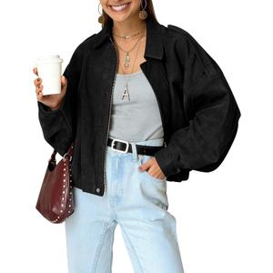 Kissonic Womens Faux Suede Bomber Jacket Oversized Batwing Long Sleeve Zip Up Cropped Coat Streetwear (Small, Black)