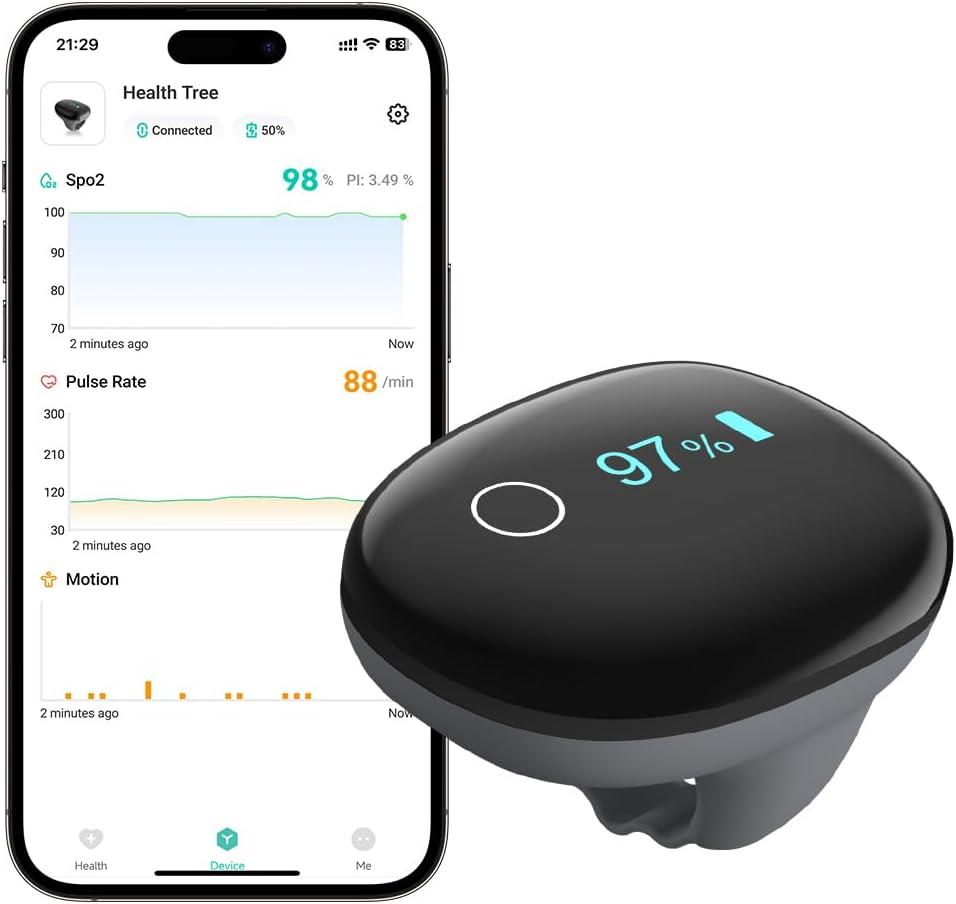 HealthTree O2Ring Pulse Oximeter Bluetooth Oxygen Monitor Rechargeable Continuous Recording of SpO2 & PR with Free APP Reports