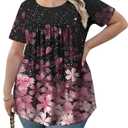 Women's Summer Short Sleeve Tunic Plus size ladies shirts Floral Blouse Loose Flowy Tops for Leggings (XXL)