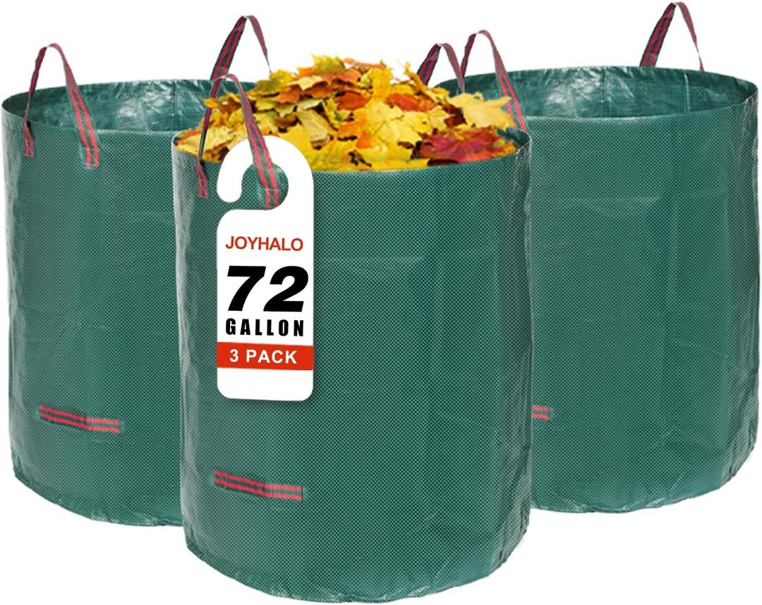 Joyhalo Reusable Yard Waste Bags, 72 Gallon Lawn And Leaf Bags 3 Pack, Heavy Duty Garden Bags With Gardening Gloves, Standable Garden Waste Bag With 4 Handles, Camping Yard Recycling Bag For Leaves (Green-72 Gallons)