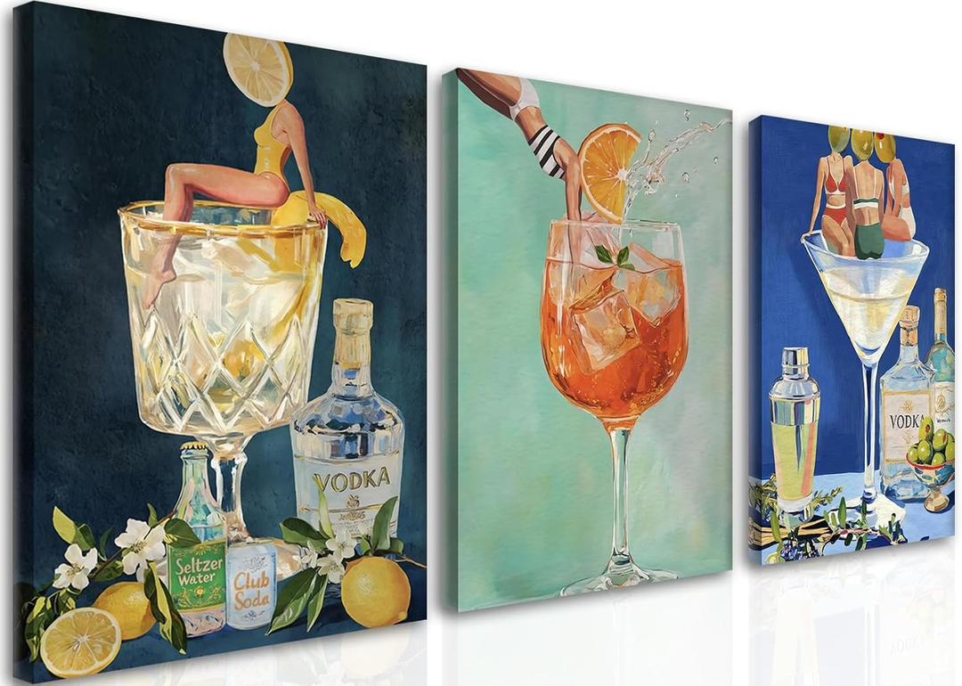 Vintage Cocktail Canvas Wall Art Set of 3, Retro Dirty Martini Bar Cart Wall Decor Paintings, Preppy Alcohol Aesthetic Posters Prints Pictures for Bar College Girls Apartment Dorm 12x16 Inch Framed