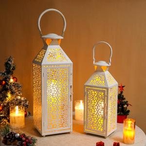 JHY DESIGN Set of 2 Vintage Candle Lanterns 19"&14''H Moroccan Decorative Metal Candle Holders with Hollow Pattern for Garden Porch Shelf Indoor Outdoor Parties Weddings Patio(White Brushed Gold) JHY DESIGN Set of 2 Vintage Candle Lanterns 19"&14''H Moroccan Decorative Metal Candle Holders with Hollow Pattern for Garden Porch Shelf Indoor Outdoor Parties Weddings Patio(White Brushed Gold)