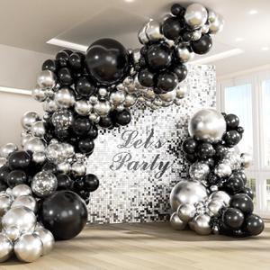 147pcs Black and Silver Balloons Garland Arch Kit, 18 12 10 5 inch Metallic Sliver and Black Balloons for Birthday Graduation Baby Shower Disco New Years Party Decorations