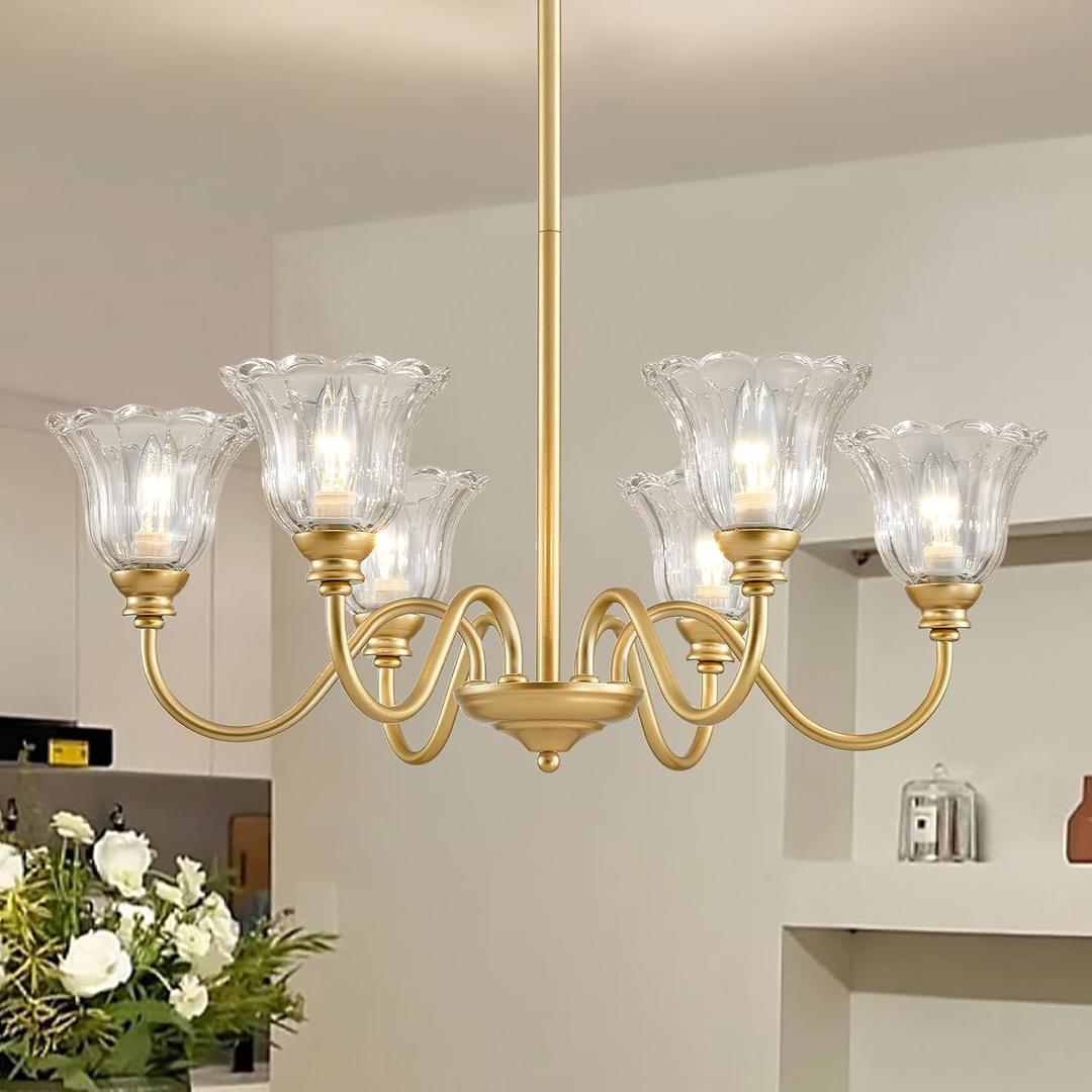 Modern 6-Light Glass Chandelier Semi Flush Mount Ceiling Light Fixture Elegant Mid Century Gold Ceiling Lighting for Bedroom Living Room Dining Room Kitchen Island Hallway