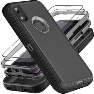 for iPhone XR Case, Military Grade 3 in 1 Heavy Duty Shockproof/Drop Proof/Dust Proof Case with 2Pcs Tempered Glass Screen Protector (Black/Grey) for iPhone XR Case, Military Grade 3 in 1 Heavy Duty Shockproof/Drop Proof/Dust Proof Case with 2Pcs Tempered Glass Screen Protector (Black/Grey)