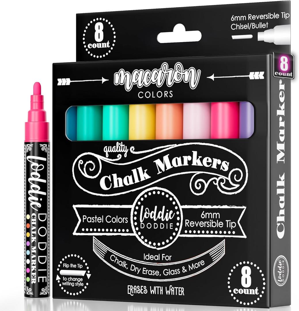 Loddie Doddie Liquid Chalk Markers - Pack of 8, Macaron Pastel, 6mm Point - Dual Tips for Chalk Pens - Versatile on Glass & Acrylic with Acrylic Markers
